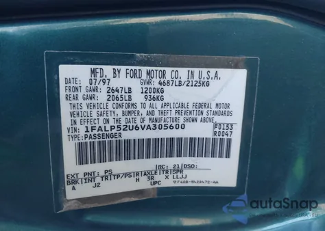 1997 Ford Taurus Gl из США, поврежденный, VIN 1FALP52U6VA305600